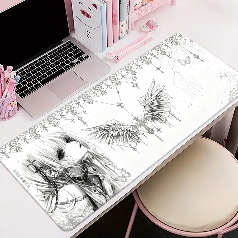 Gaming Accessories For Setup - Leather Mousepad Black White Anime Aesthetics